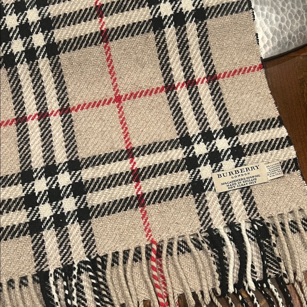 Burberry cashmere wool blend scarf.